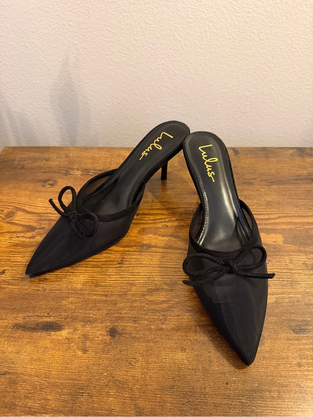 Lulu's Black Pointed Toe Bow Slip-On Mules
